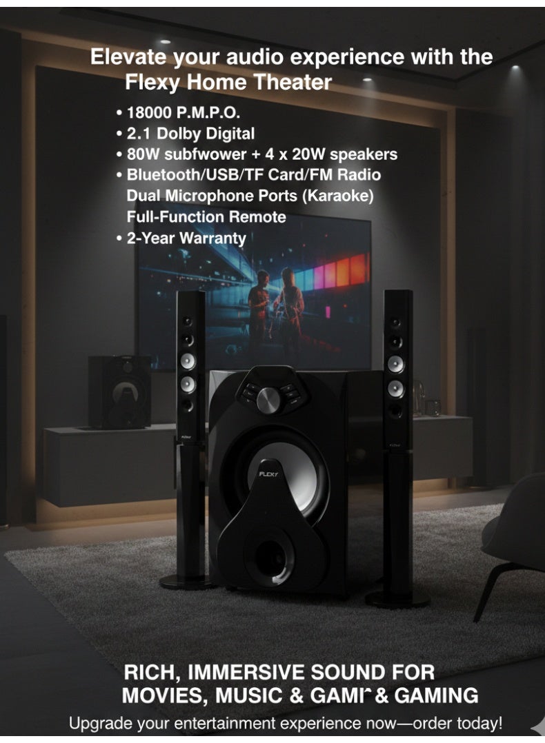 Flexy Home Theater 18000 P.M.P.O, 2.1 Dolby Digital, Bluetooth, LED Lights, USB/TF, FM Radio, 80W Subwoofer, 20W Speakers, Mic Ports, Remote, 2-Year Warranty. - Image 5